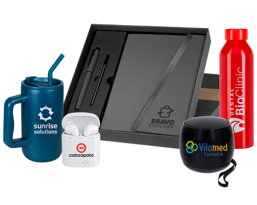 Artículos promocionales personalizados — termos, bocinas, audífonos y kits corporativos con logo